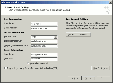 Internet, Email Settings
