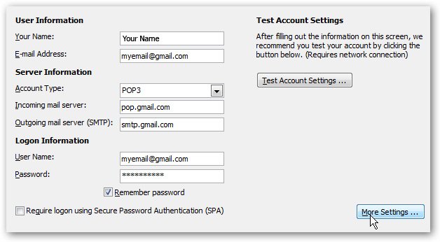 gmail email account settings for outlook 2007